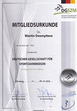 Dr. Martin Desmyttère, Mitgliedsurkunde Sportmedizin 