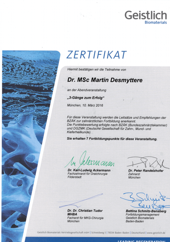 Zertifikat, Dr. Desmyttère, Zahnarzt München, smileforever 