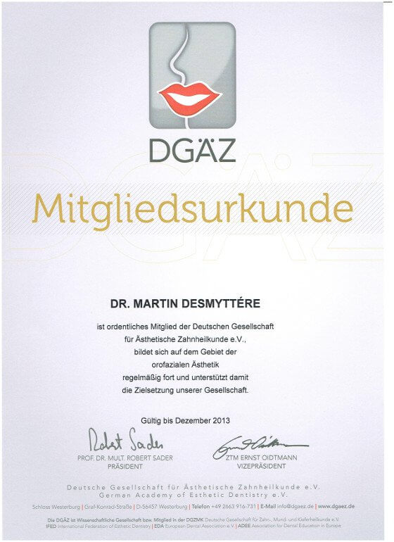 Zertifikat, Dr. Desmyttère, Zahnarzt München, smileforever 